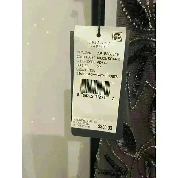 Adrianna Papell Floral Embroidered Beaded Godet Gown Dress, Lead Gray, Size 2P - Picture 4 of 9